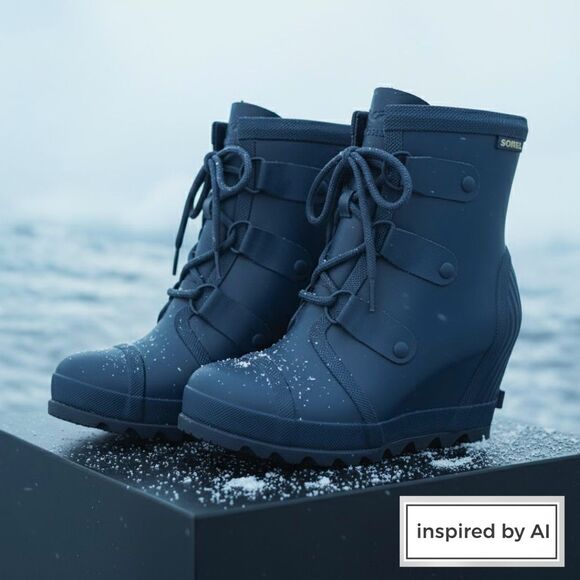 NWOT SOREL Joan Rain Ankle Wedge Boot Navy Blue Rubber Waterproof Women's Size 9 - Picture 16 of 16